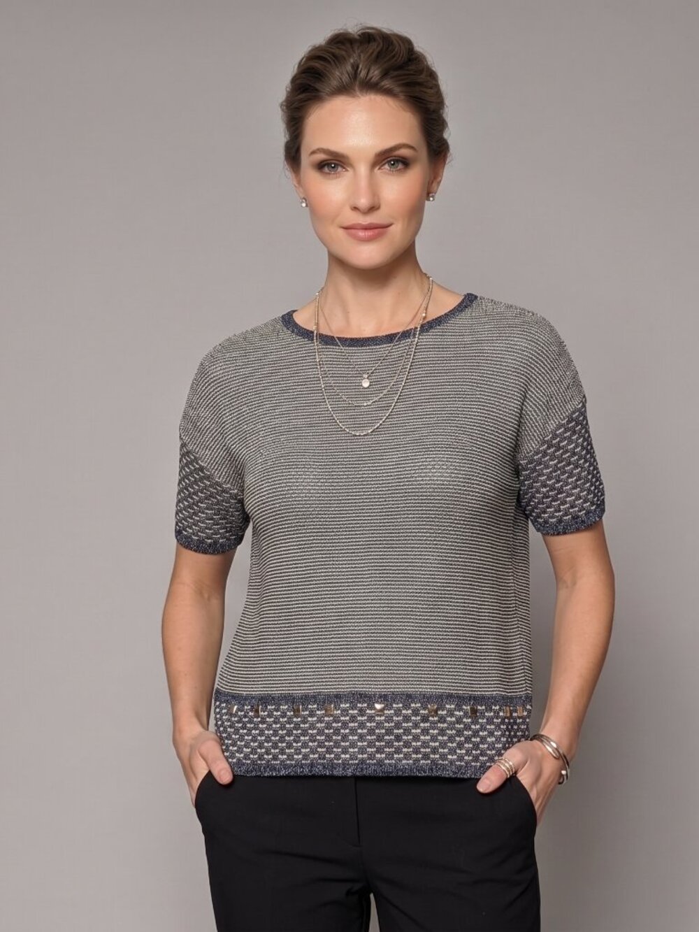 St. John Sport Navy Metallic Knit Studded Short Sleeve Sweater Top Size L